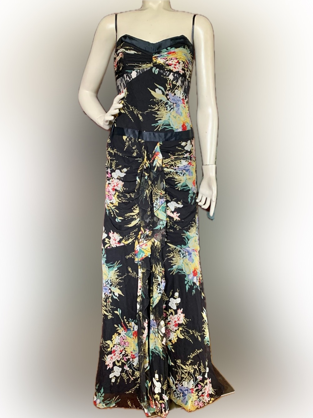 Vintage David Meister Black/Floral Silk Mermaid Full Length Gown, 12